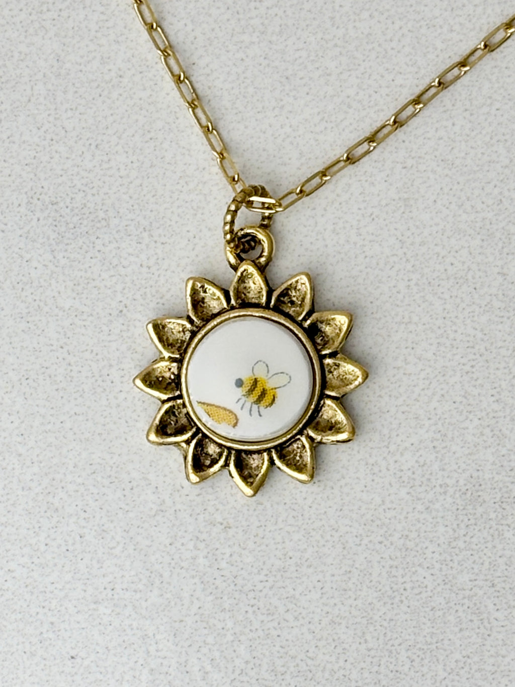 Honey Bee Sunflower Antique Gold Necklace