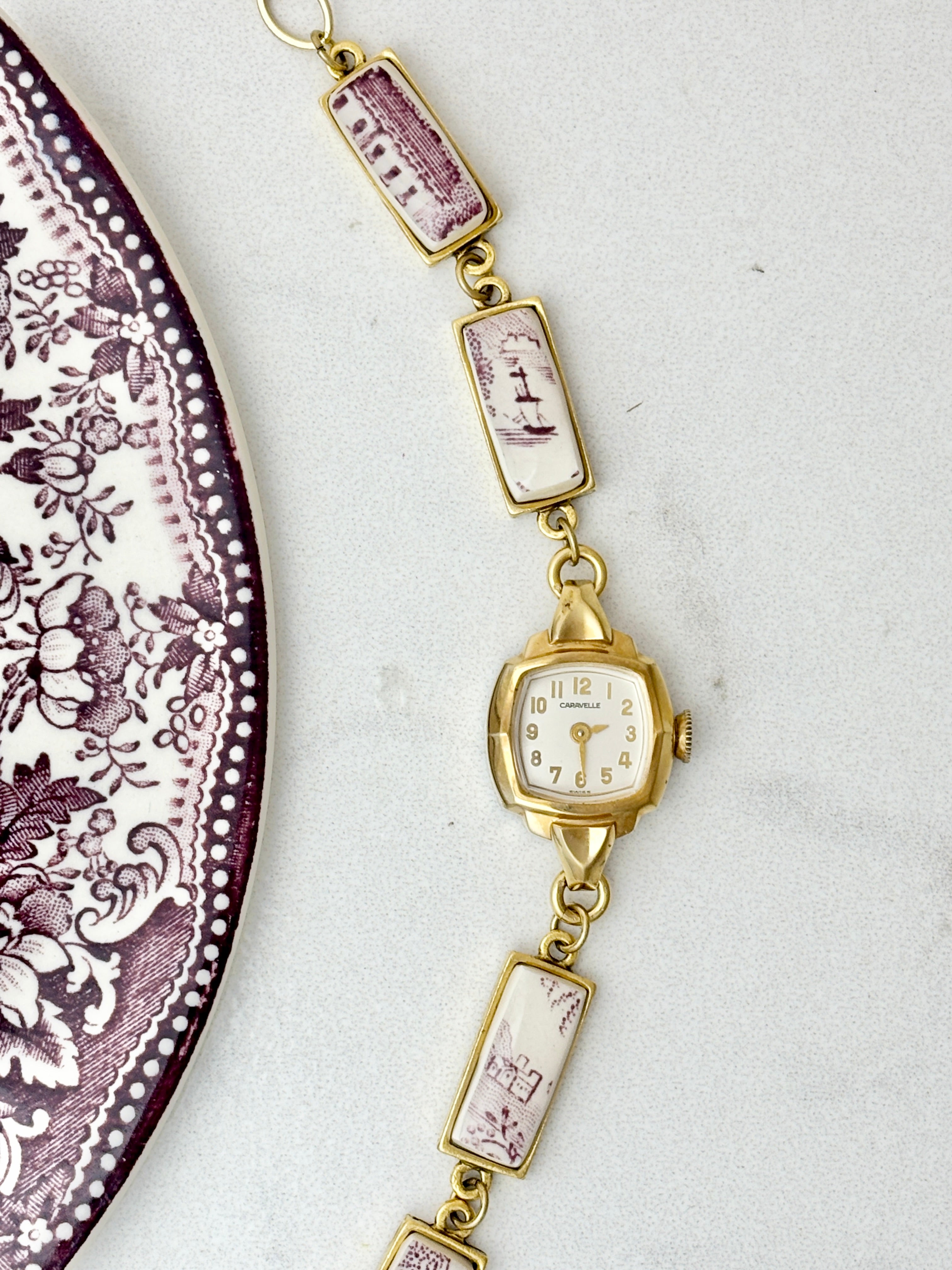 Antique Caravelle manual watch with Royal Staffordshire China