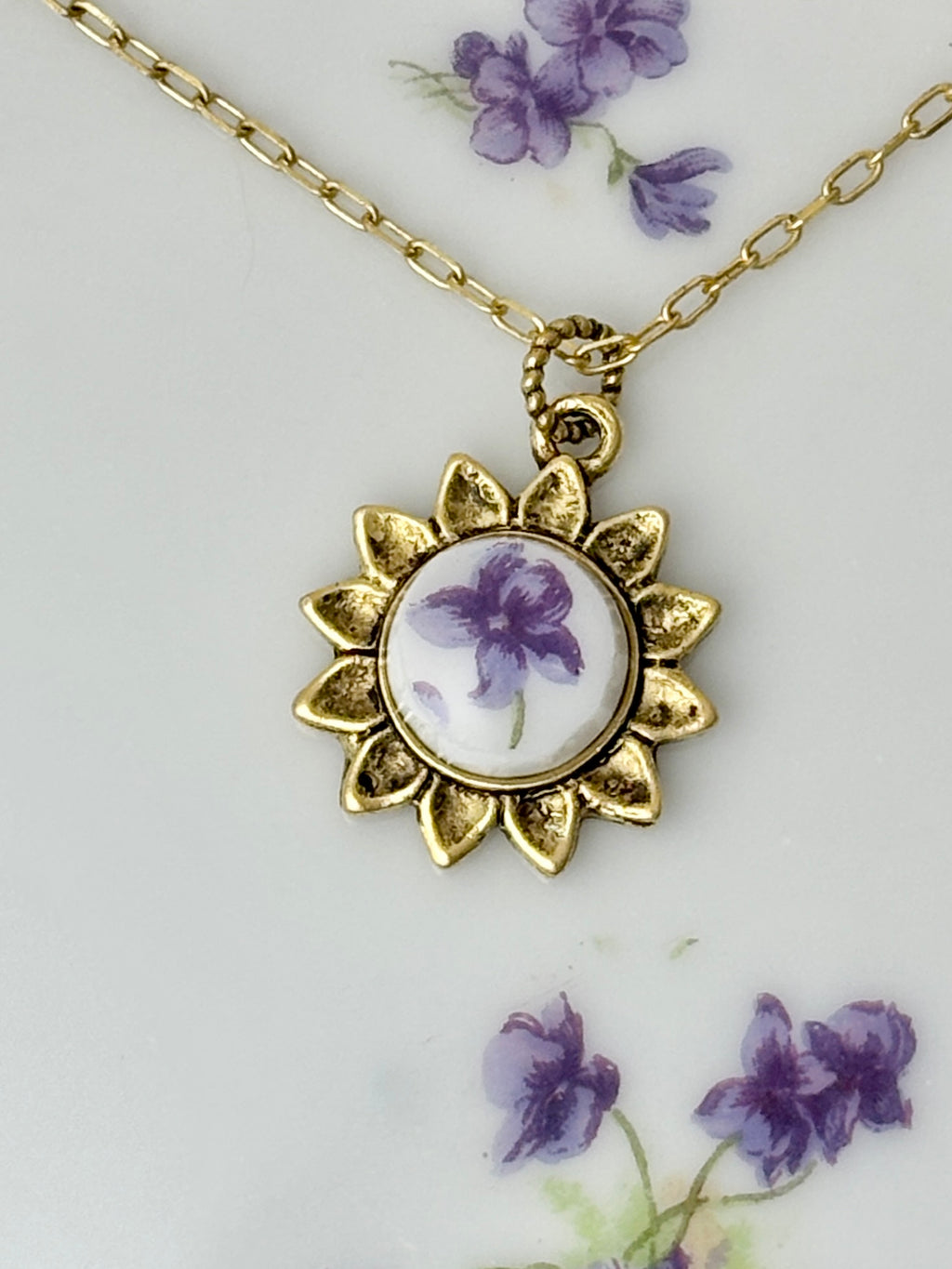 Lefton Violets Sunflower Antique Gold Necklace