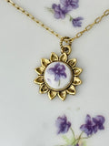 Lefton Violets Sunflower Antique Gold Necklace