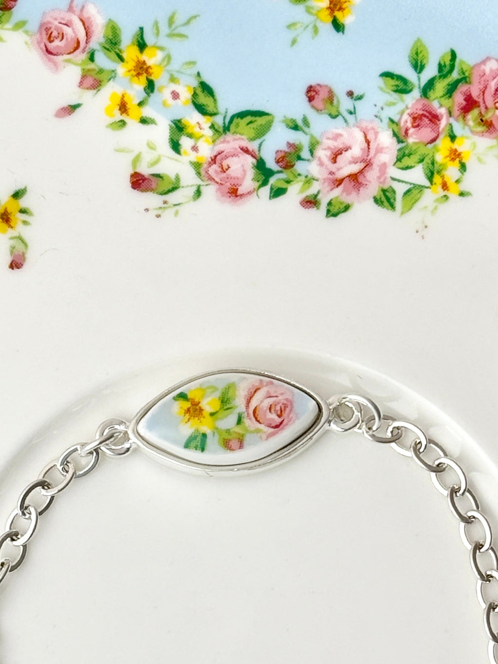 Blue and Pink Rose Silver Bracelet
