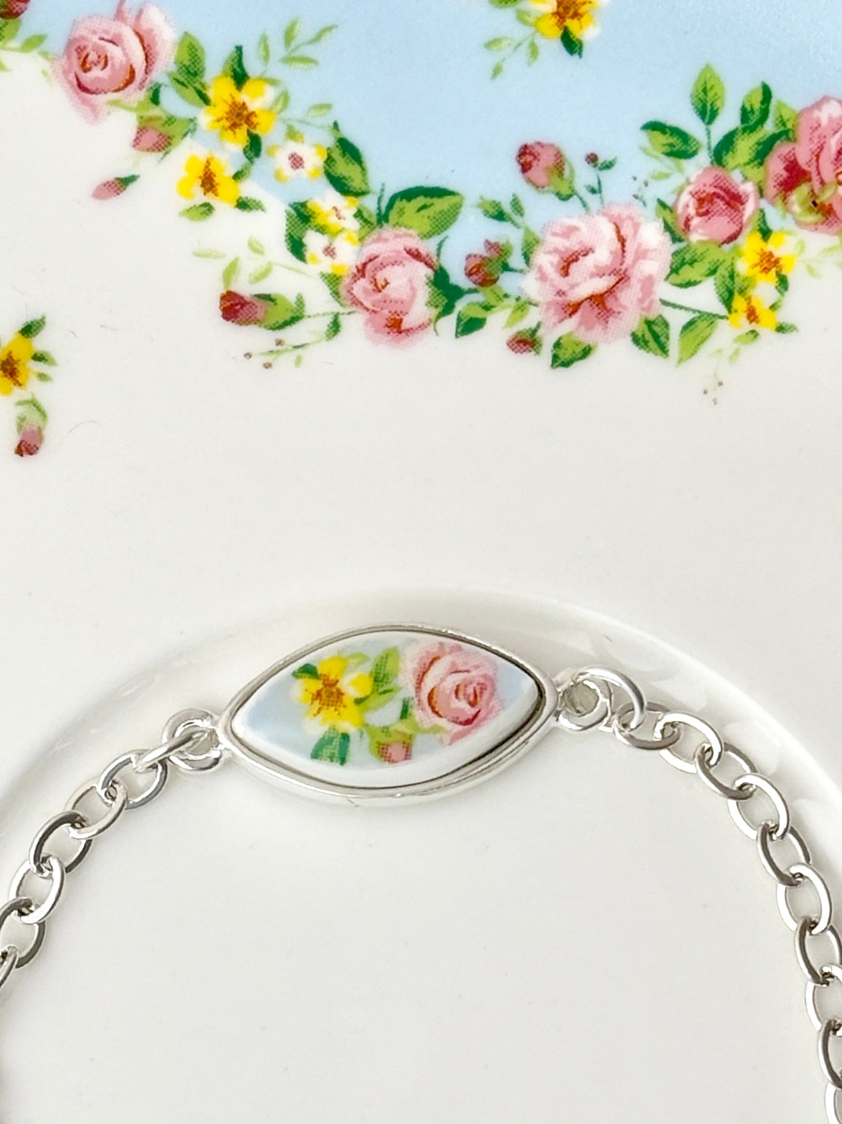 Blue and Pink Rose Silver Bracelet