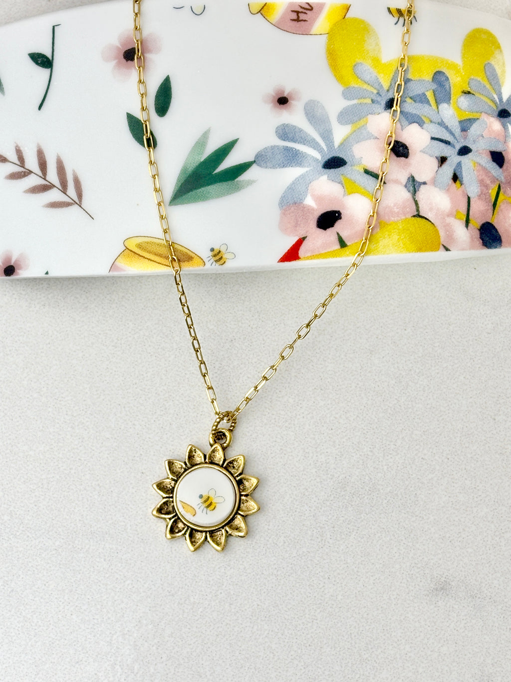 Honey Bee Sunflower Antique Gold Necklace