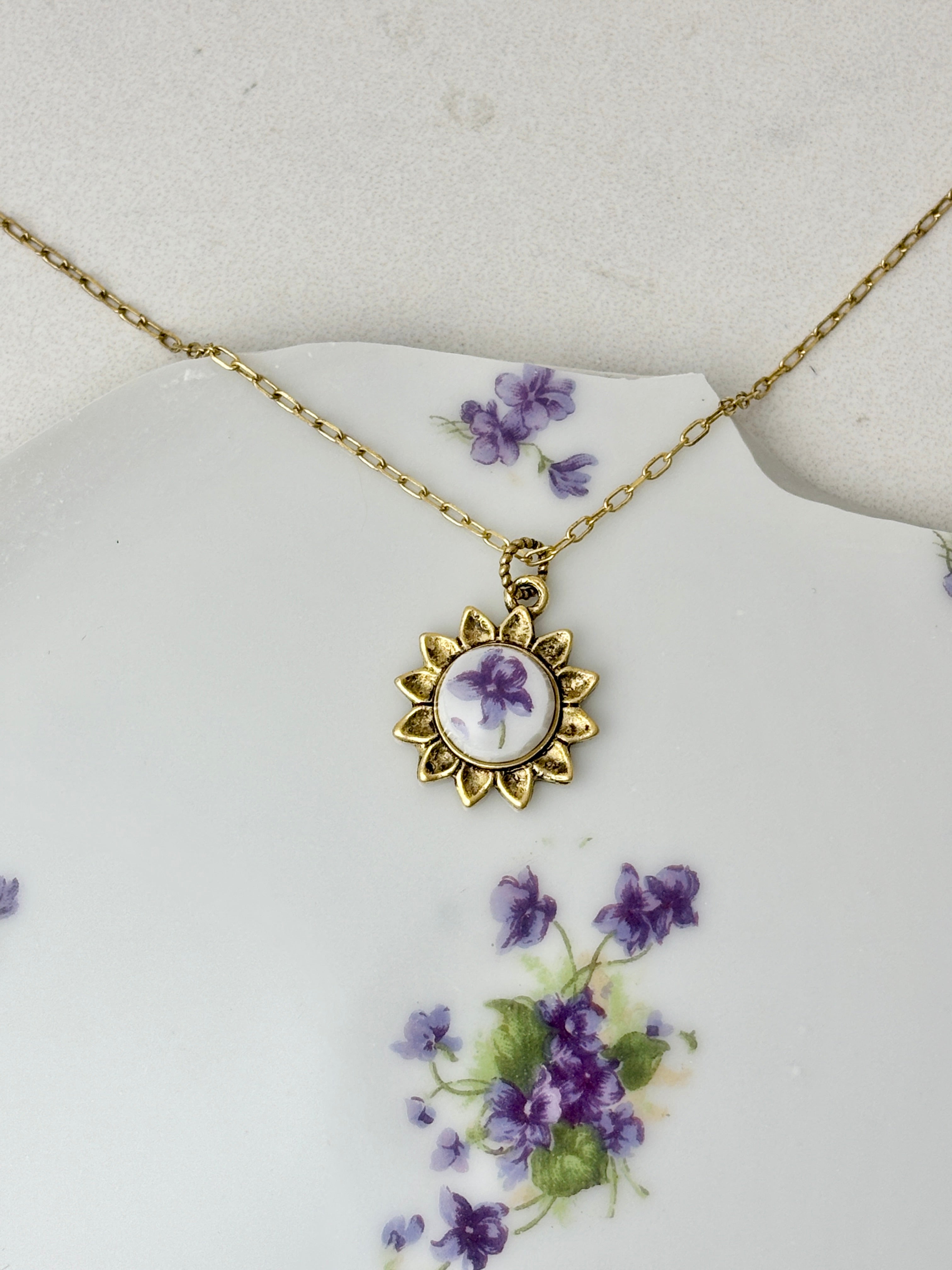 Lefton Violets Sunflower Antique Gold Necklace