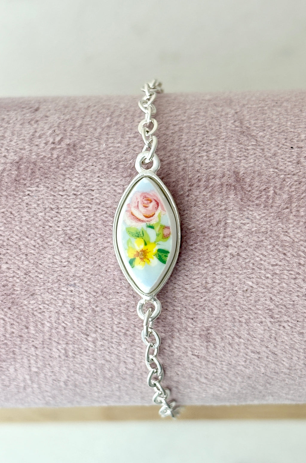 Blue and Pink Rose Silver Bracelet