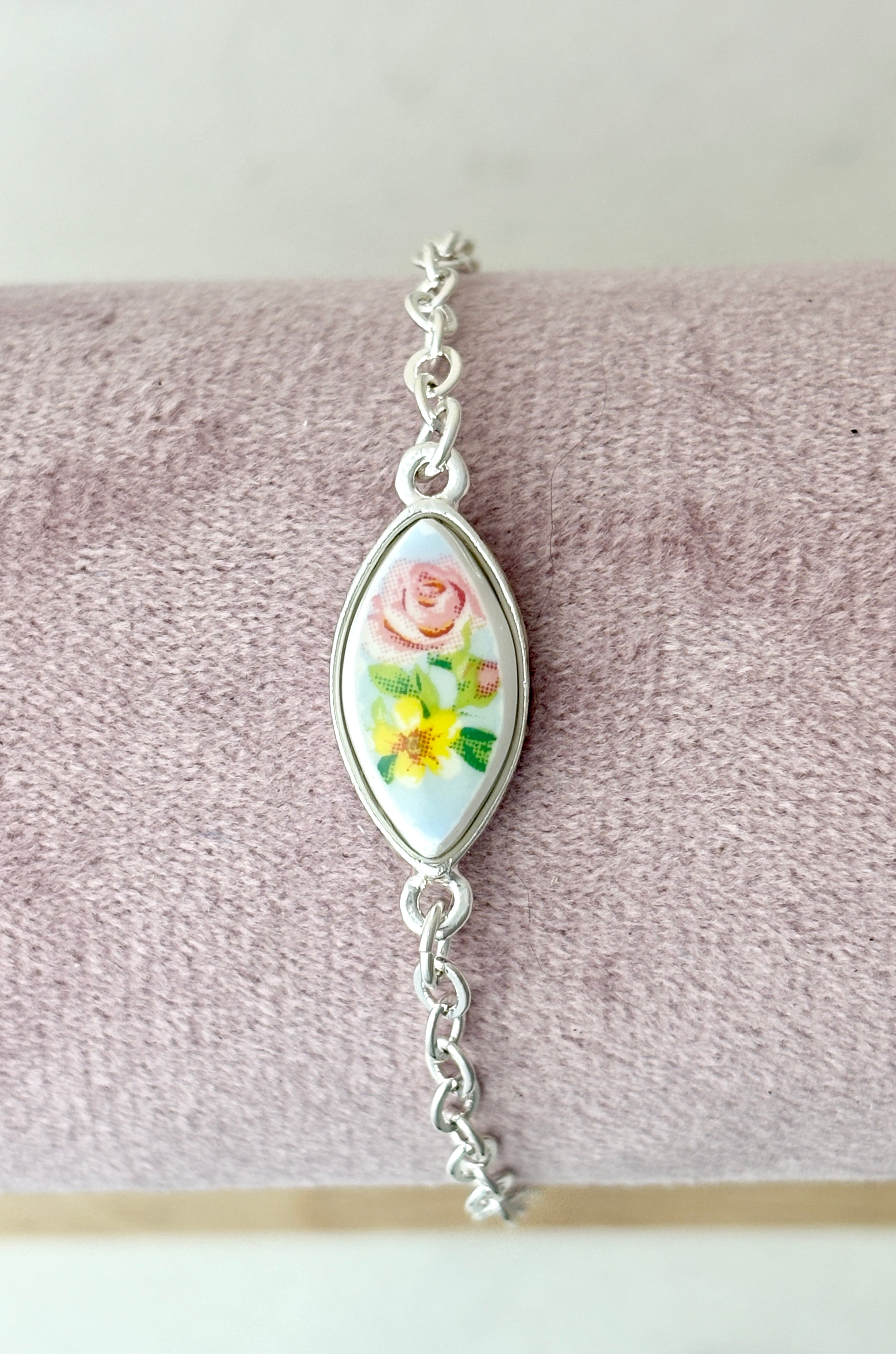 Blue and Pink Rose Silver Bracelet