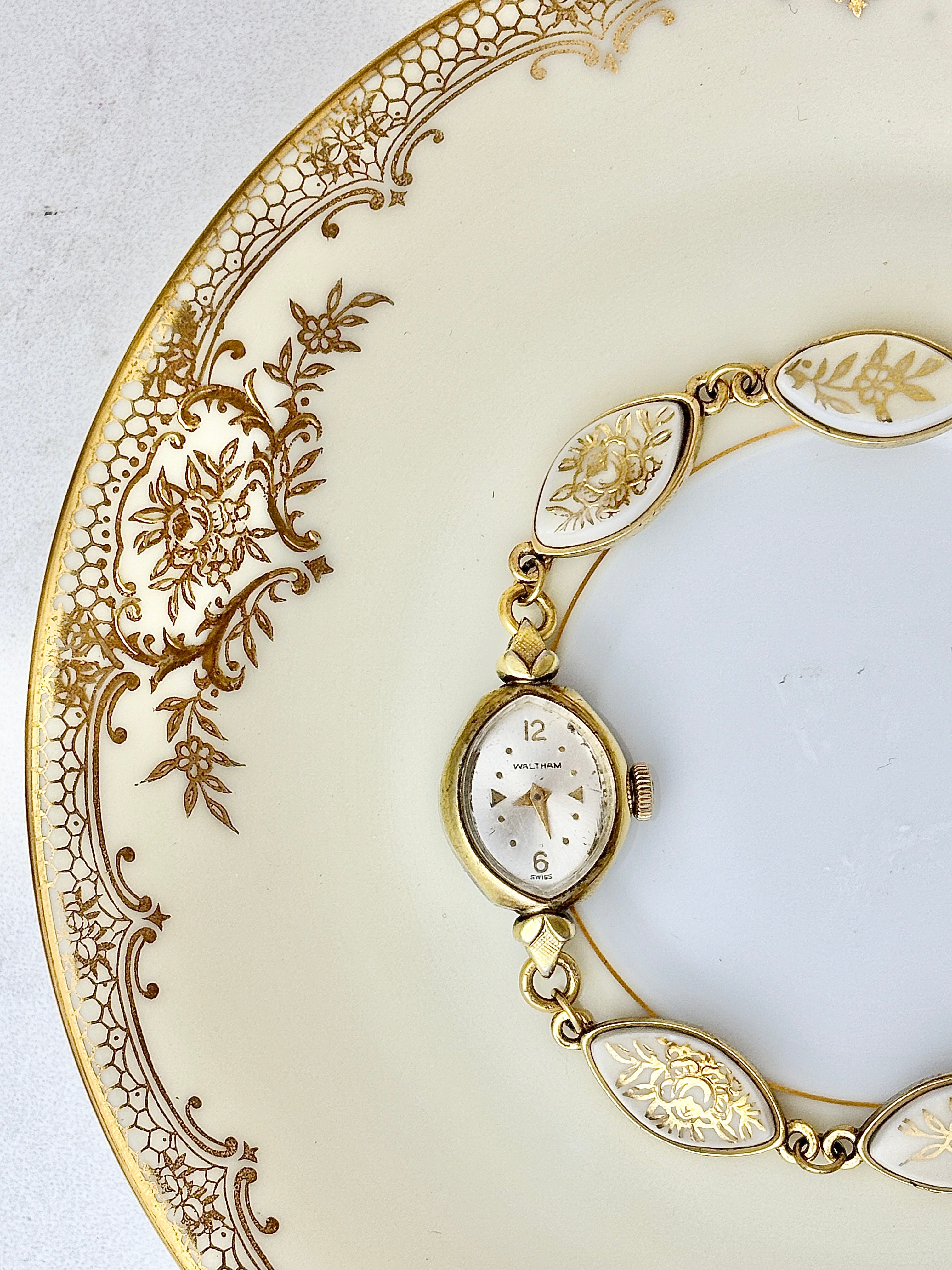 Antique Waltham Swiss manual watch with Noritake China