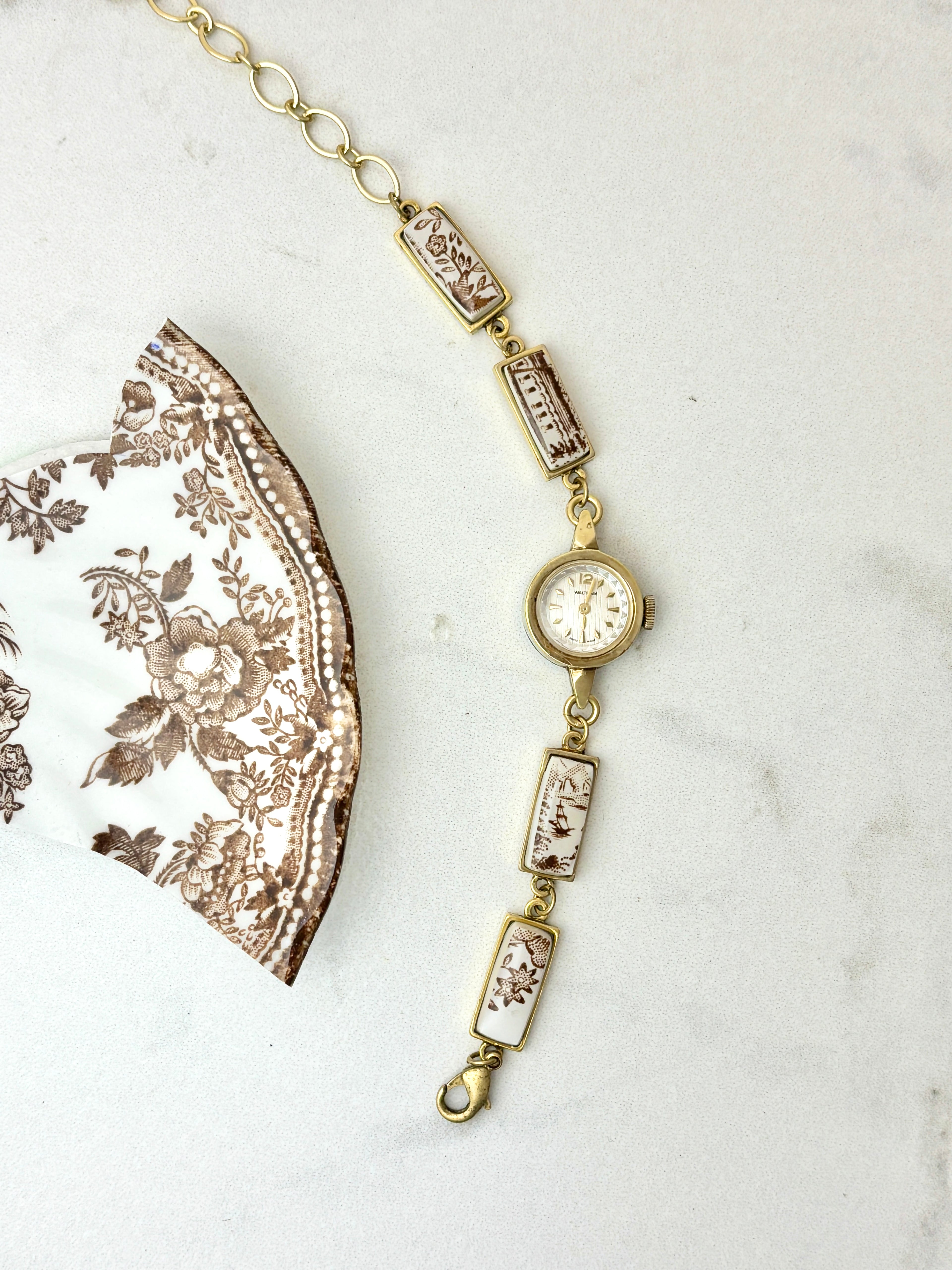 Antique Waltham Swiss manual watch with Royal Staffordshire China