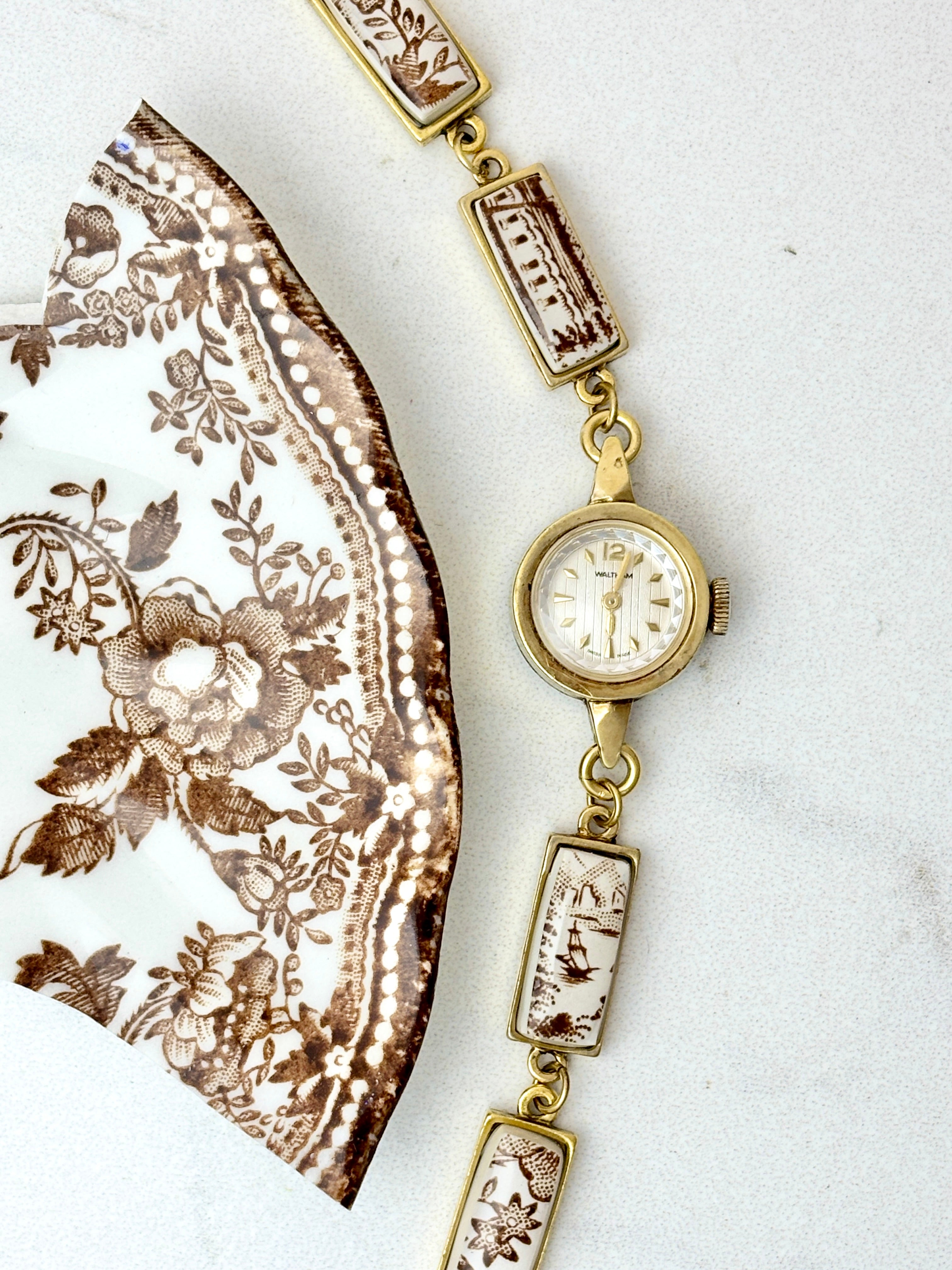 Antique Waltham Swiss manual watch with Royal Staffordshire China