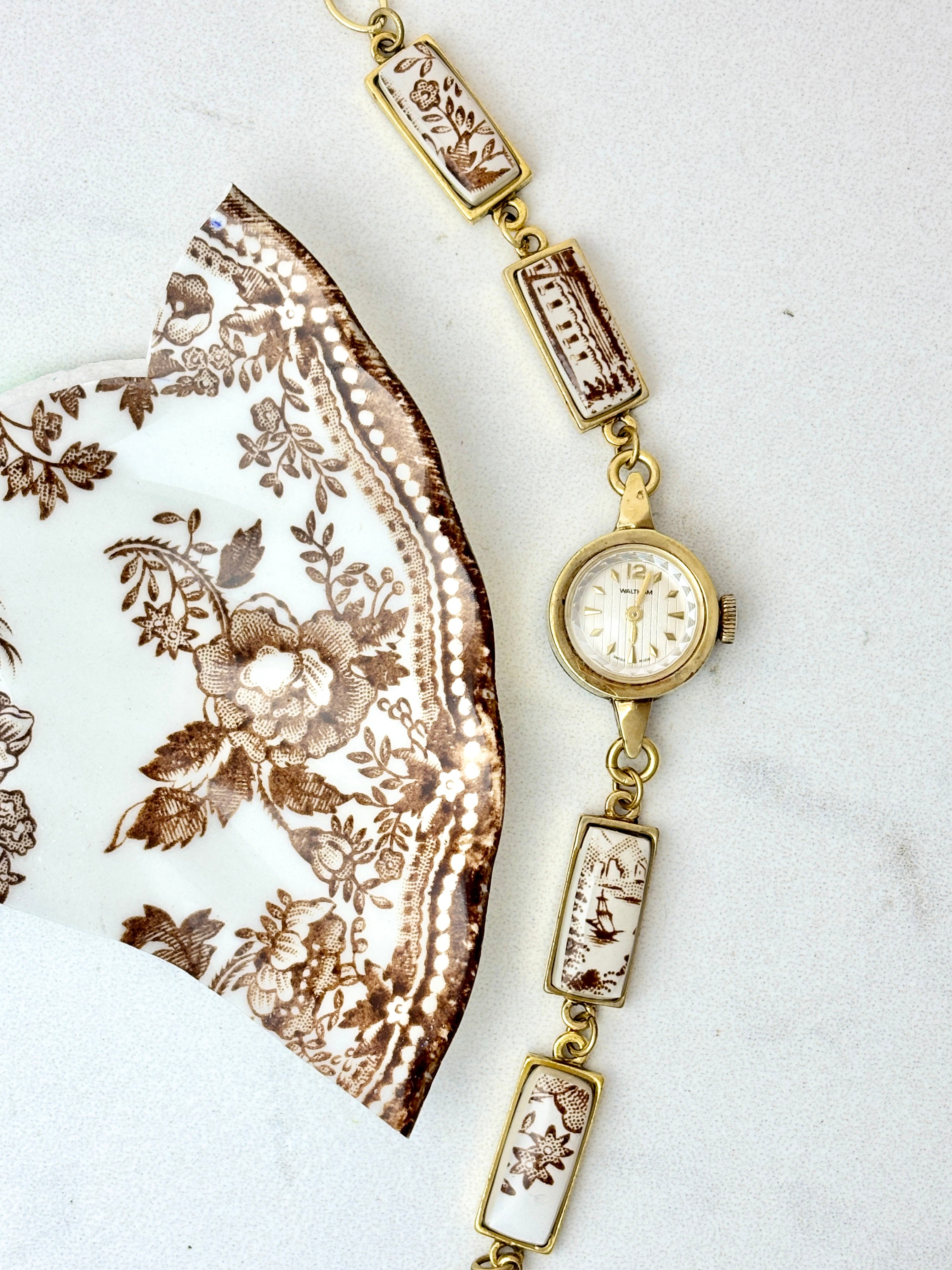 Antique Waltham Swiss manual watch with Royal Staffordshire China